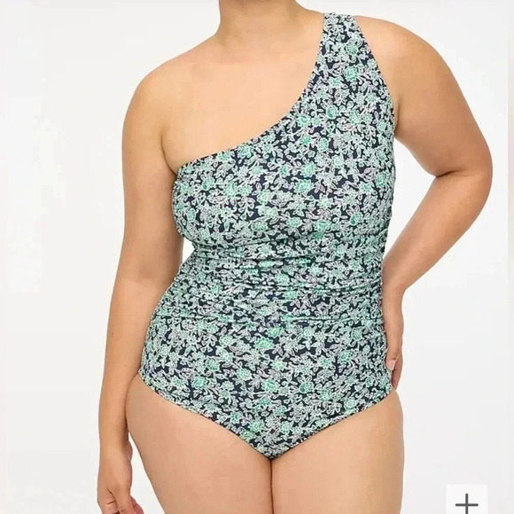 J Crew Bathing suit Green Navy Blue Floral One Shoulder Ruched NWT Size 3x - Picture 1 of 6